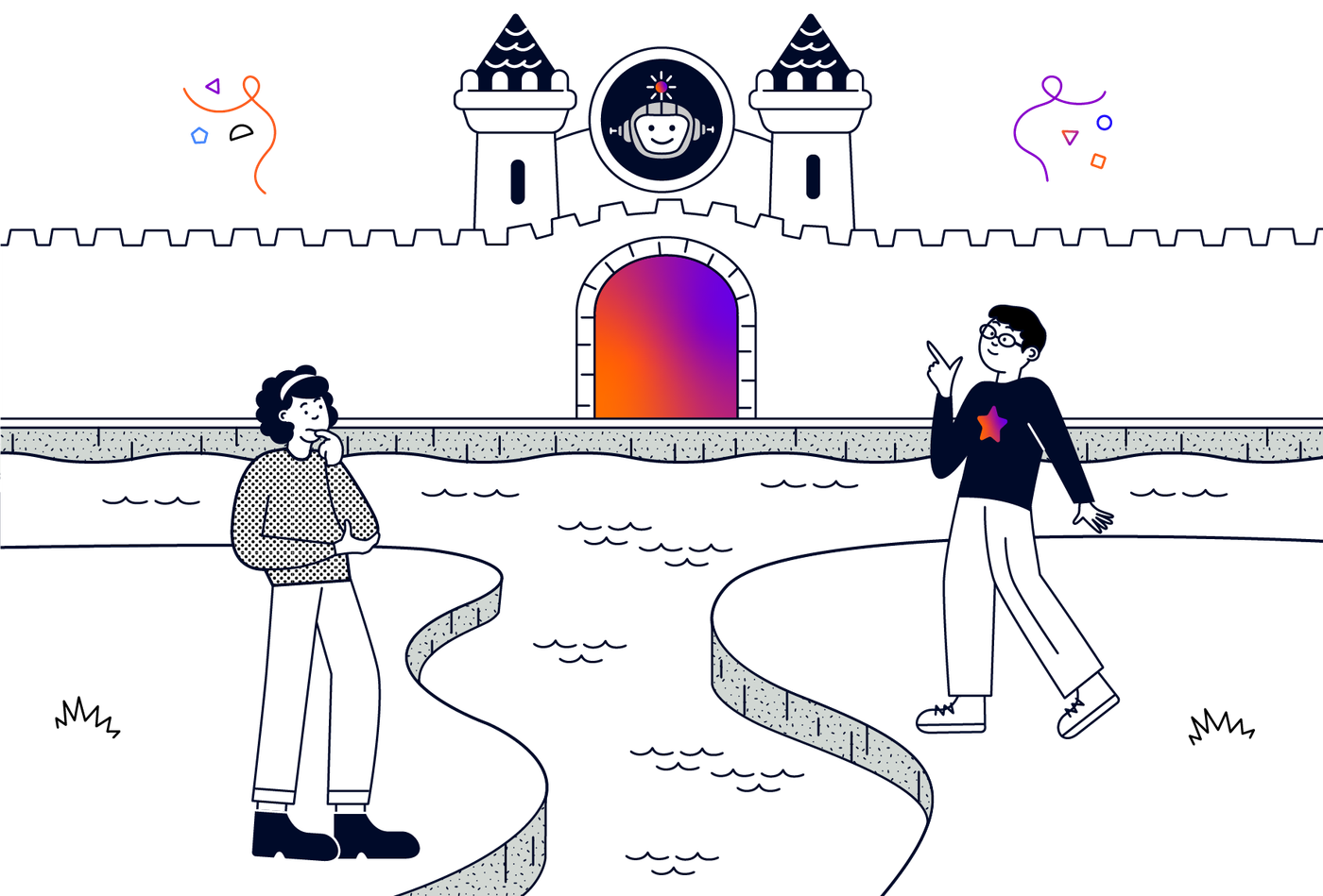 A woman and a man standing on different sides of a river. There's a castle in the background with a robot icon between its turrets.