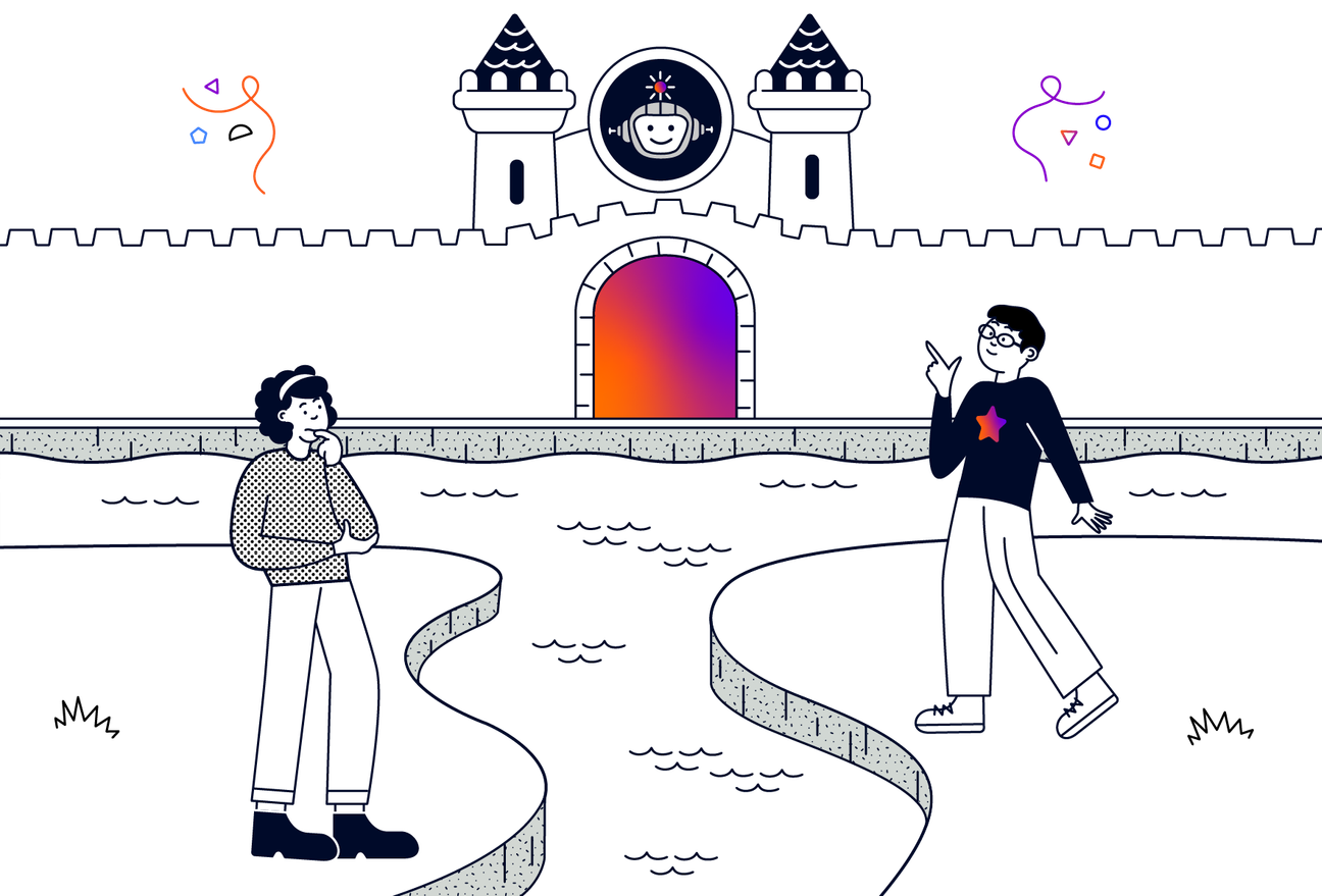 2 people stand either side of a moat with a castle in the distance