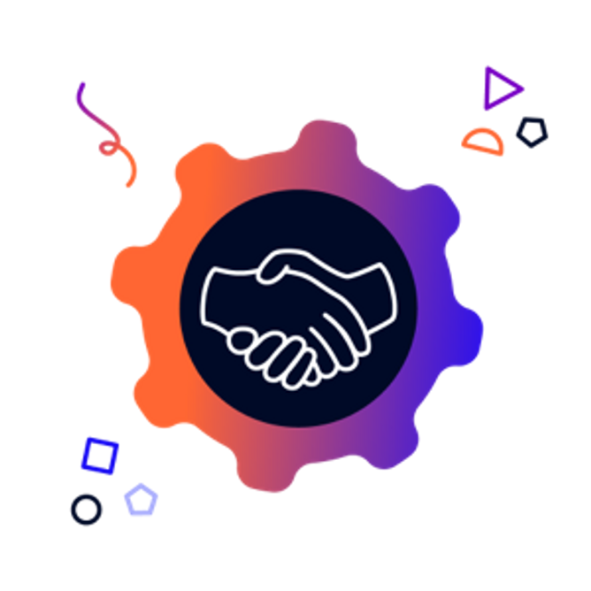 A cog with a handshake icon in the centre