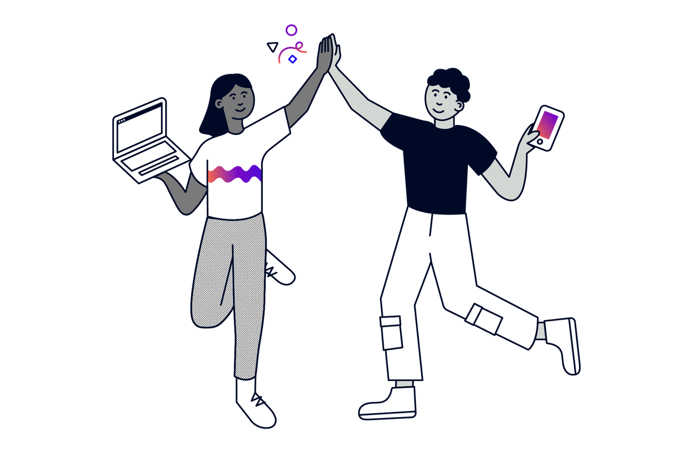 Two colleagues high five: one holding a laptop and the other a mobile device.