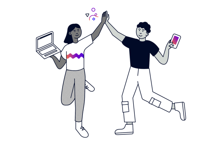 An illustration of two people high-fiving, one with a laptop and the other with a phone