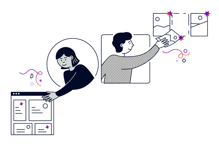 Illustration of two people reaching out of shaped windows. One reaches towards a computer screen and the other reaches to put a picture in between two other pictures on a wall