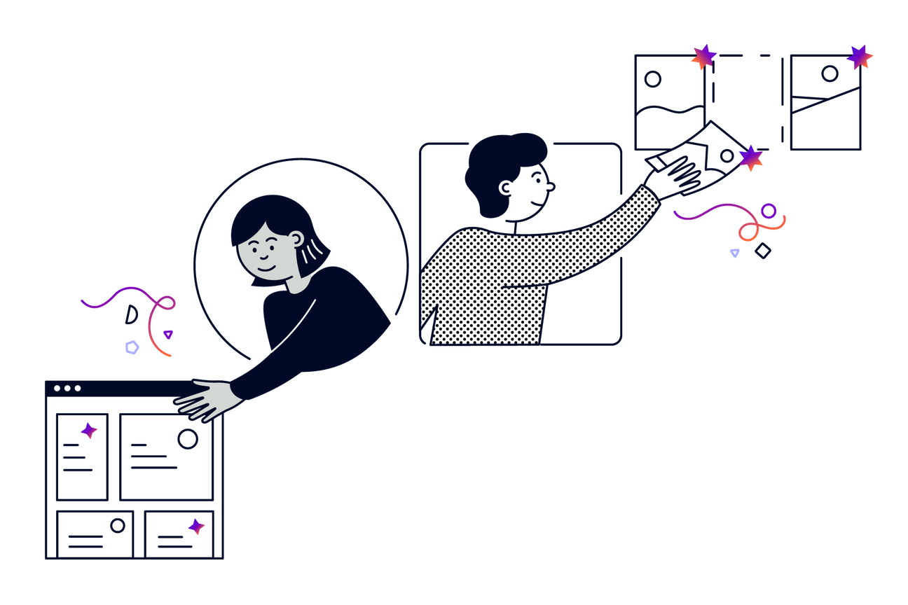 Illustration of two people reaching out of shaped windows. One reaches towards a computer screen and the other reaches to put a picture in between two other pictures on a wall