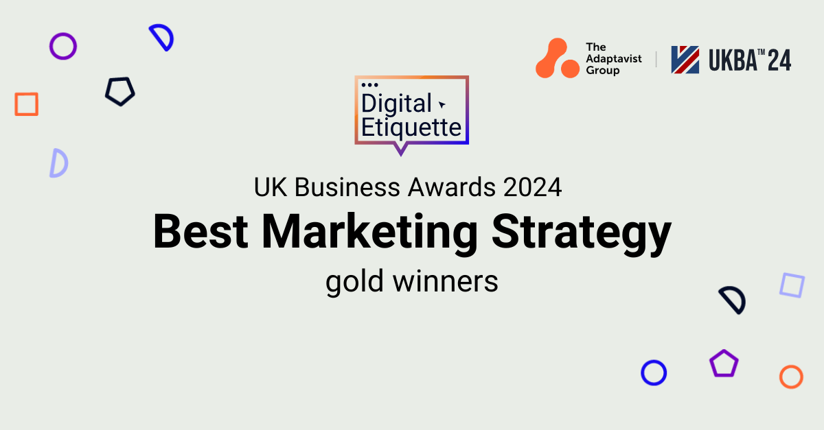 Text reading 'UK Business Award 2024', 'Best Marketing Strategy gold winners', surrounded by confetti icons and The Adaptavist Group and UKBA 24 logos.