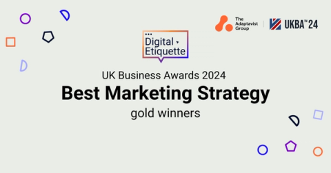 Text reading 'UK Business Award 2024', 'Best Marketing Strategy gold winners', surrounded by confetti icons and The Adaptavist Group and UKBA 24 logos.