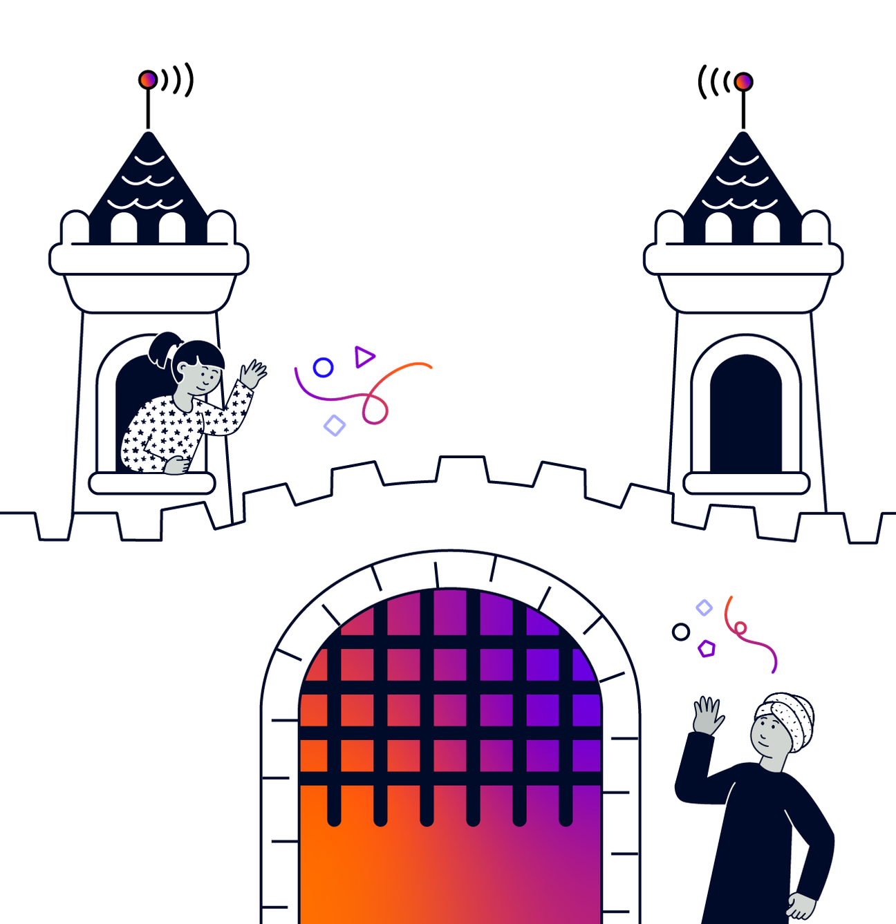 Two people chat to each other, one from up in a tower above a castle gate