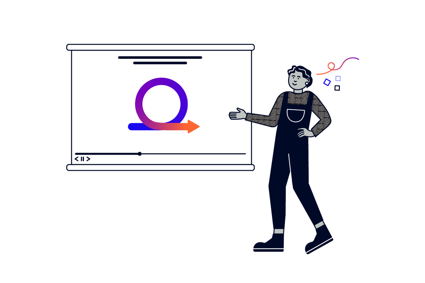 A person presenting a video screen with a looping arrow in the centre
