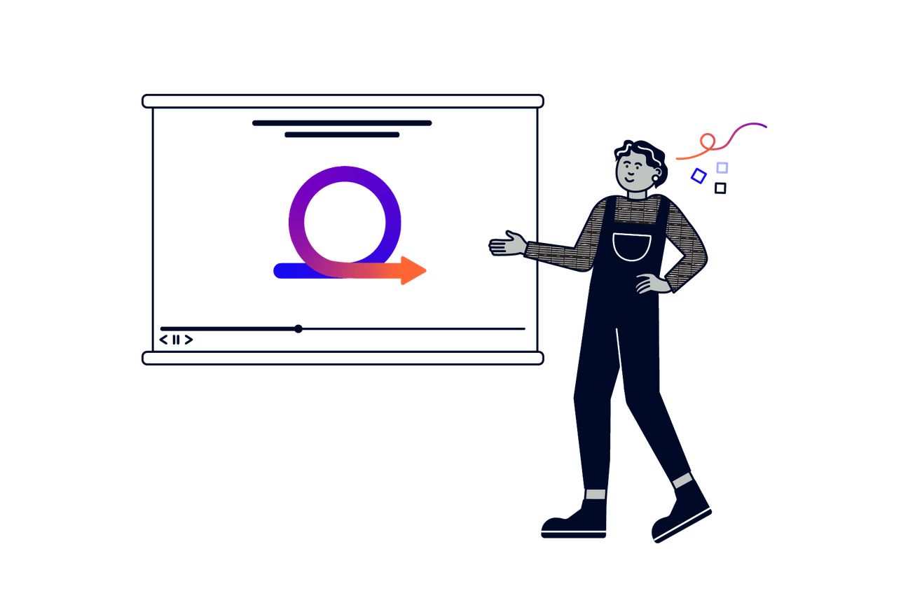 A person presenting a video screen with a looping arrow in the centre