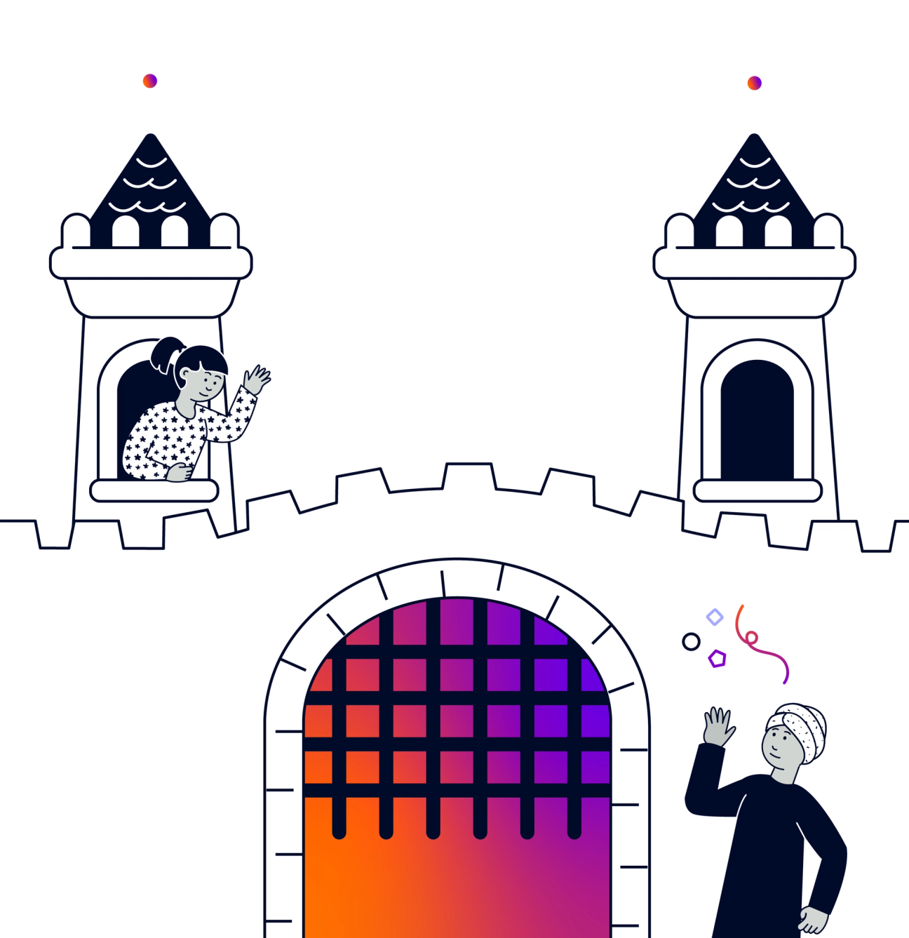 A person in a castle's turret waving at someone standing in front of the castle's opening gate. The castle's two turrets have antennae.