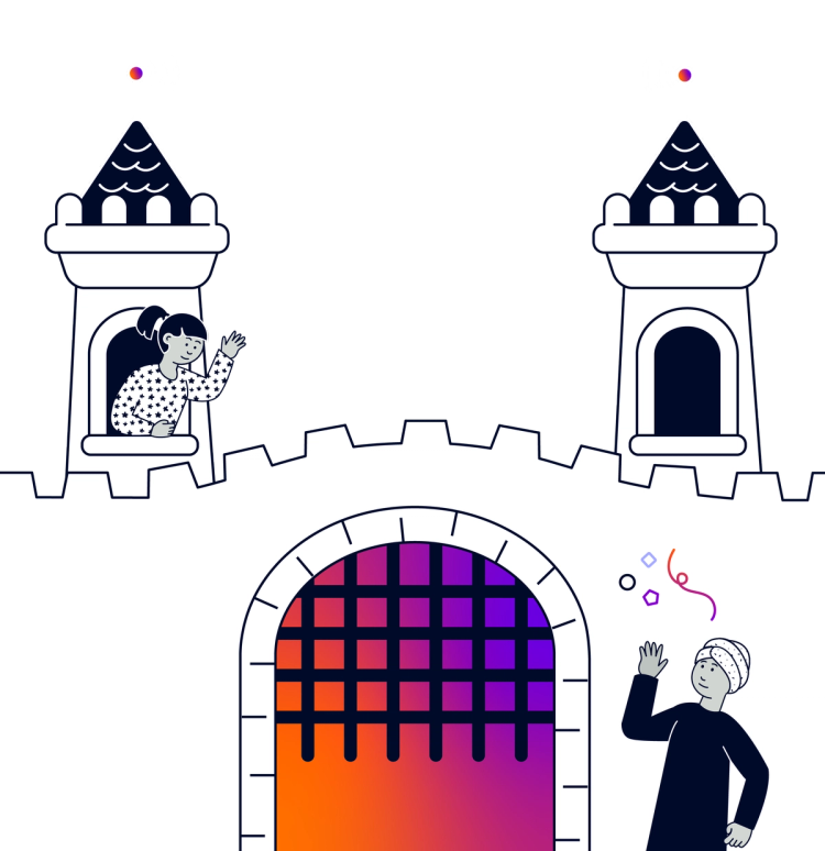 A person in a castle's turret waving at someone standing in front of the castle's opening gate. The castle's two turrets have antennae.
