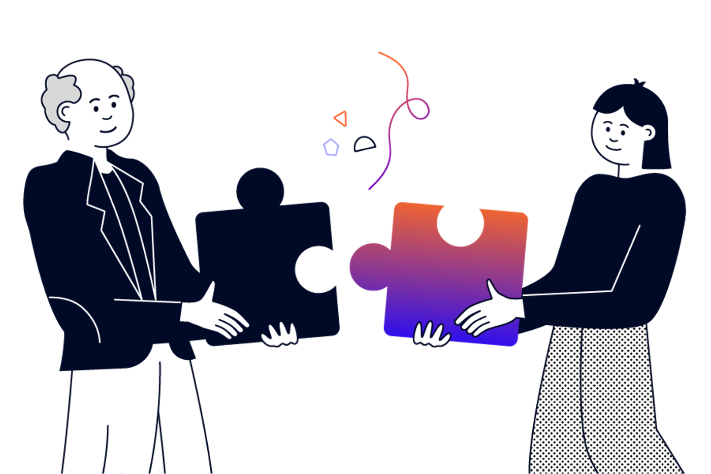 An older and younger worker with fitting puzzle pieces