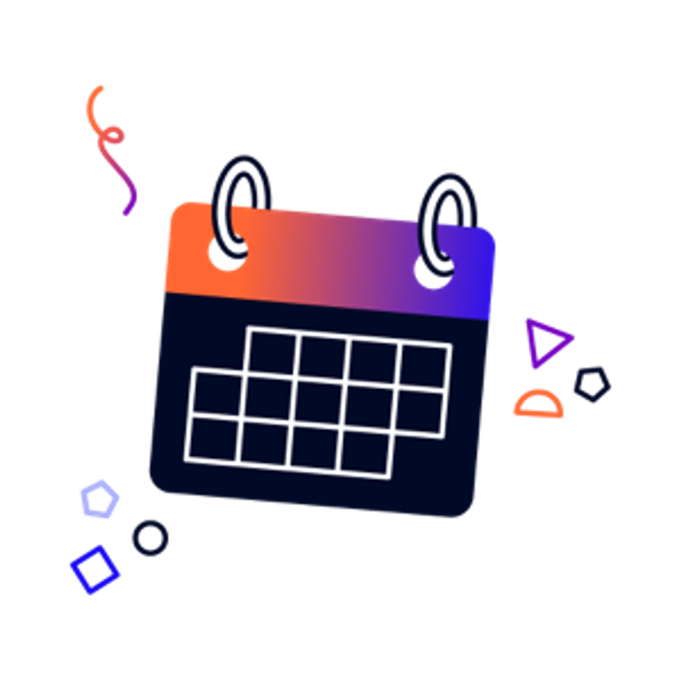 Illustration of a calendar surrounded by confetti shapes