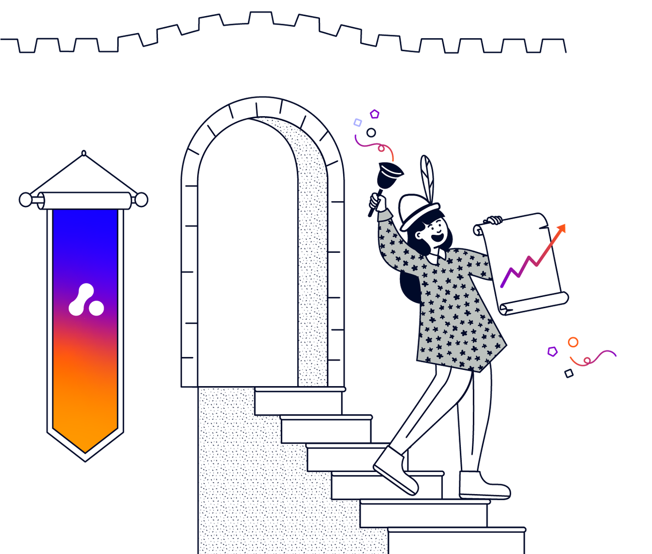 A person wearing a medieval hat, ringing a bell, and holding a scroll on stairs next to a banner with The Adaptavist Group glyph
