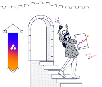 A person descends some stairs waving a bell and announcing positive results with an upward trending chart.