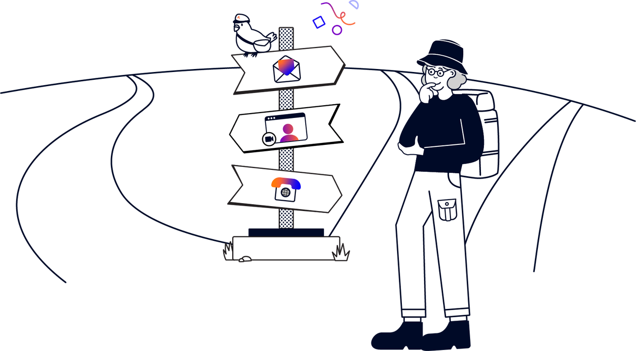 An illustration of a person in a hiking outfit looking thoughtfully at a signpost. The signs on it have various symbols for different types of communication. A messenger bird with a hat and satchel perches on the top of the signpost. 