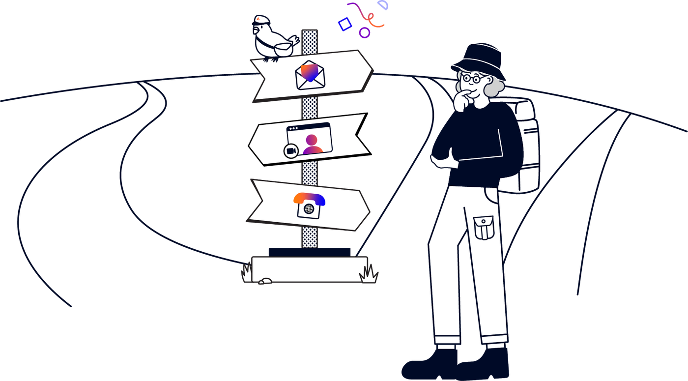 An illustration of a person in a hiking outfit looking thoughtfully at a signpost. The signs on it have various symbols for different types of communication. A messenger bird with a hat and satchel perches on the top of the signpost. 