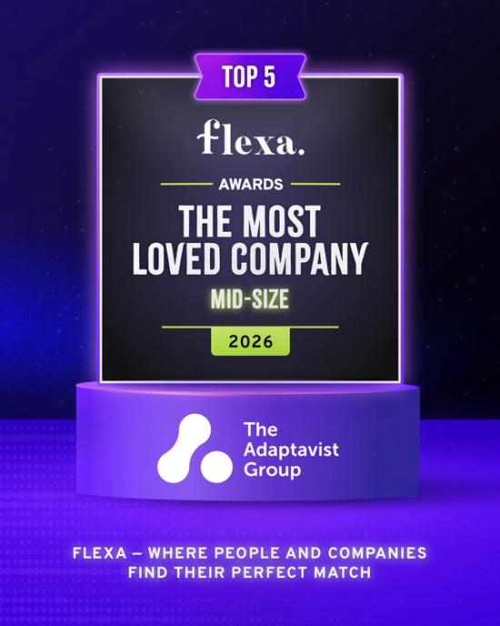 Text reading 'Flexa Awards The Most Loved Mid-Sized Company 2026' with The Adaptavist Group logo