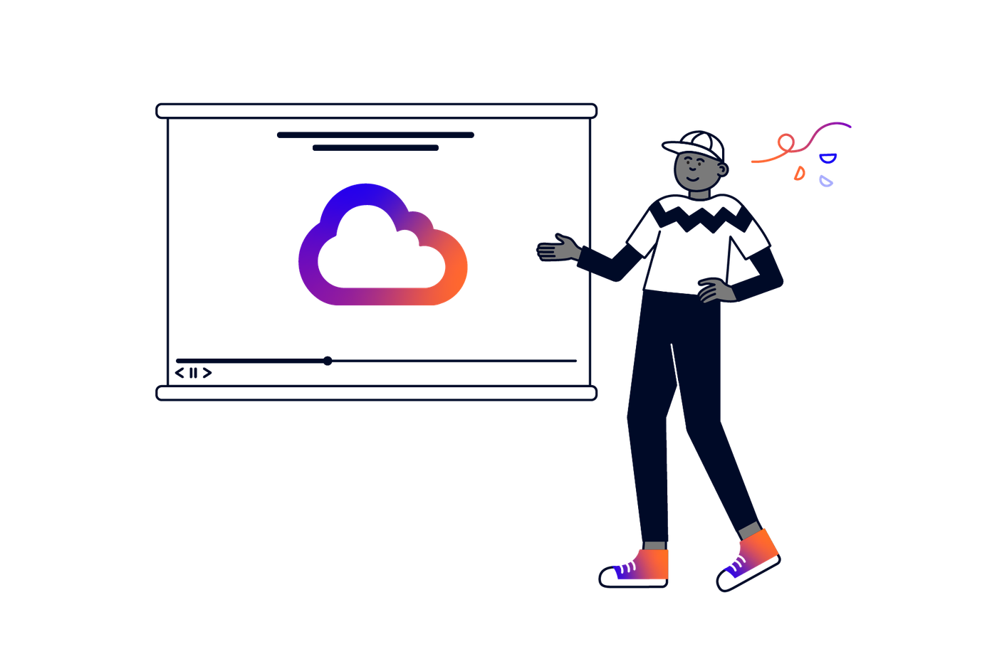 A person presenting a video screen with a cloud icon in the centre