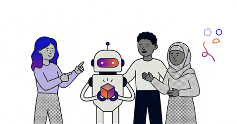 Three people around a robot holding a cube