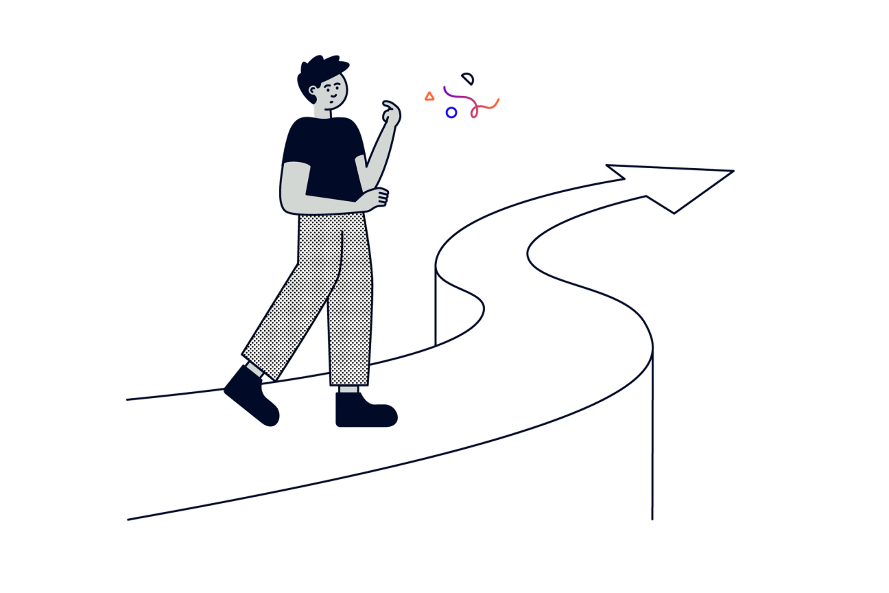 Illustration of a person in The Adaptavist Group branding style of a person walking on a road, with an arrow at the end.