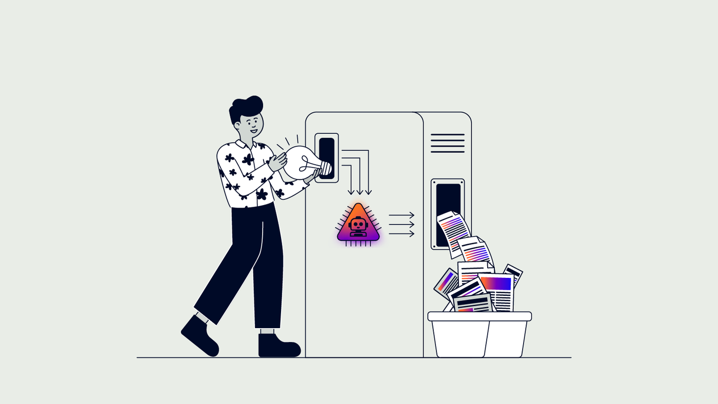 Person inputting an idea into an AI machine and outputs coming out the other side