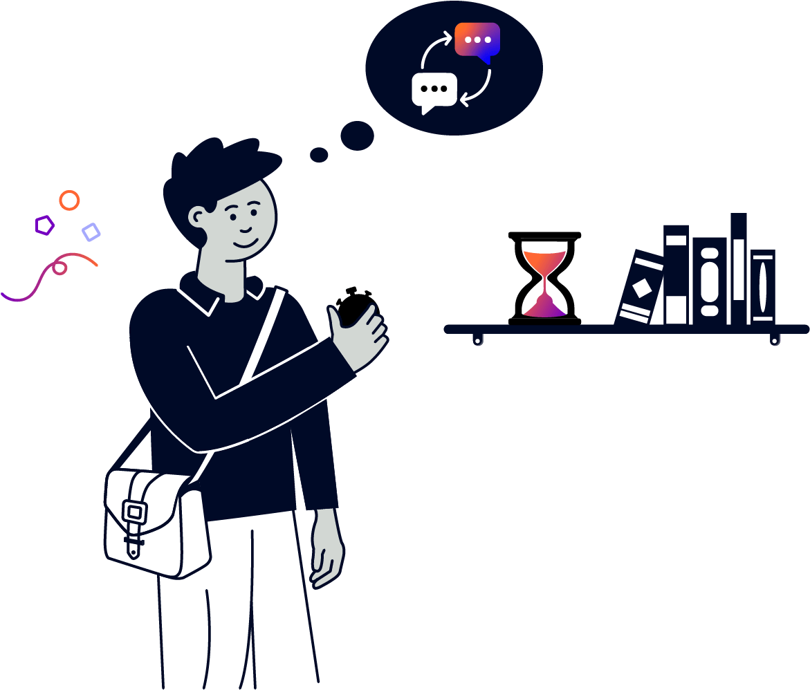A person holding a stopwatch next to a shelf with books and an hourglass on it. Above their head is a thought bubble with message icons in it.
