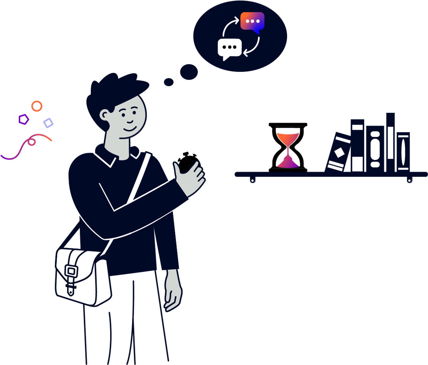 A person holding a stopwatch next to a shelf with books and an hourglass on it. Above their head is a thought bubble with message icons in it.