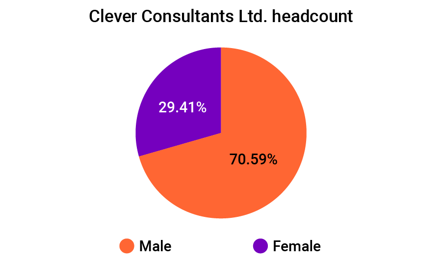 A pie chart showing the gender split of employees at Clever Consultants Ltd. 29.41% female to 70.59% male