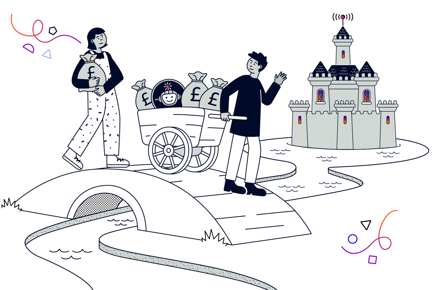 A person carrying a money bag on a bridge over a river with a person holding a wheelbarrow of money bags. There's a castle in a moat that leads to the river in the background.
