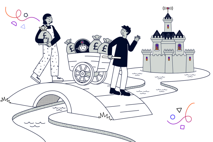 Two people cross a moat: one has one bag of money, the other has several bags of money and a little robot helper.