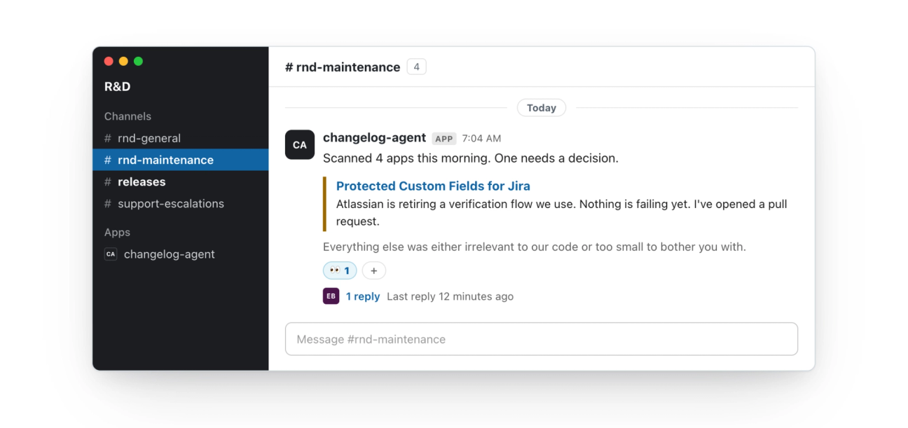 An example of the changelog agent in Slack