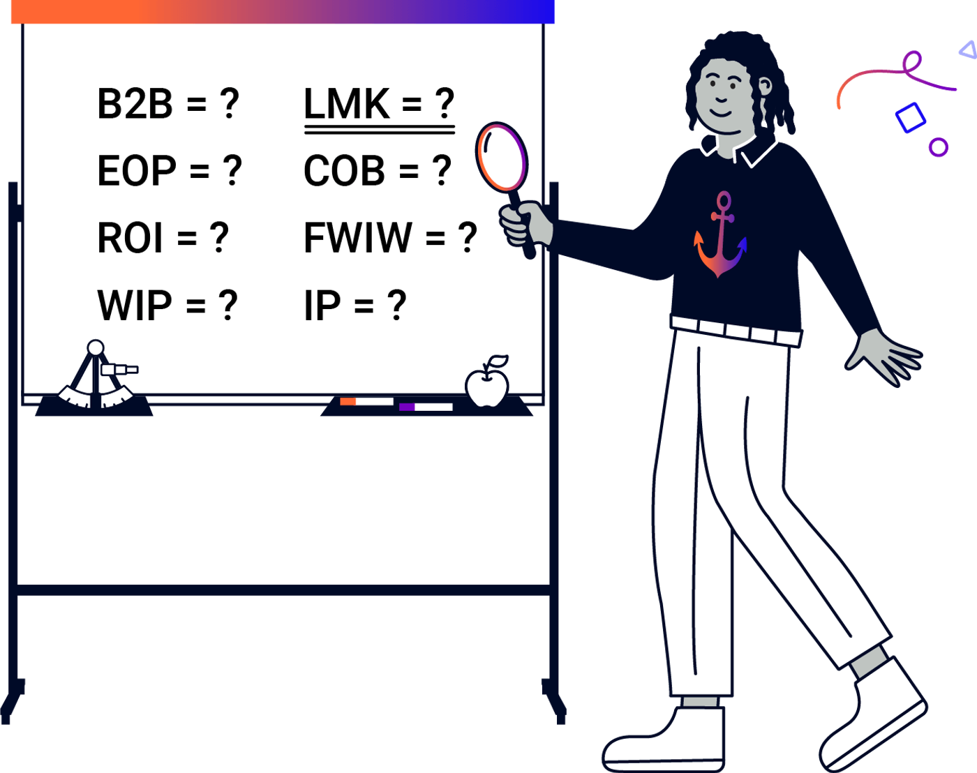 Illustration of a person holding a magnifying glass in front of a whiteboard with common abbreviations written on it