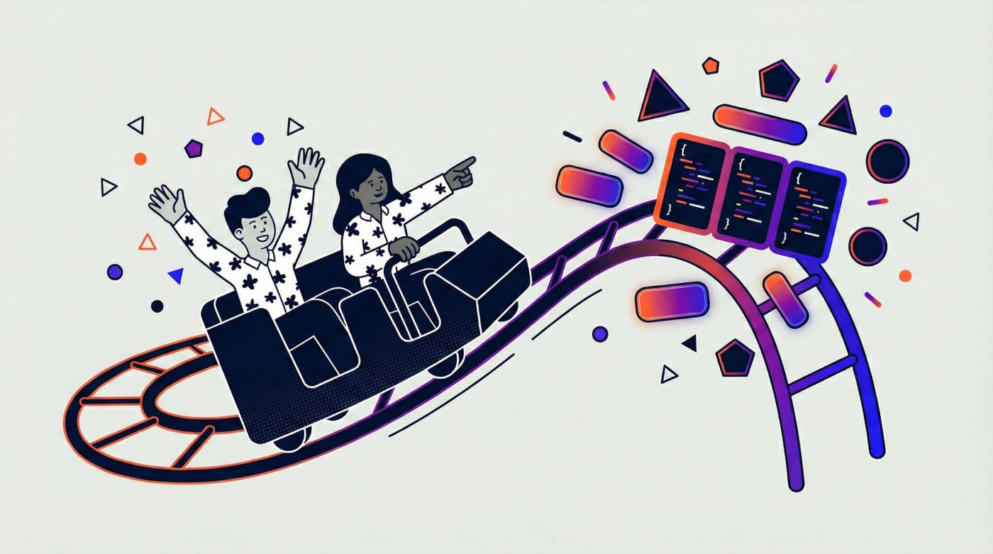 Two people in a cart on a roller coaster of AI features, represented by code screens and geometric shapes.