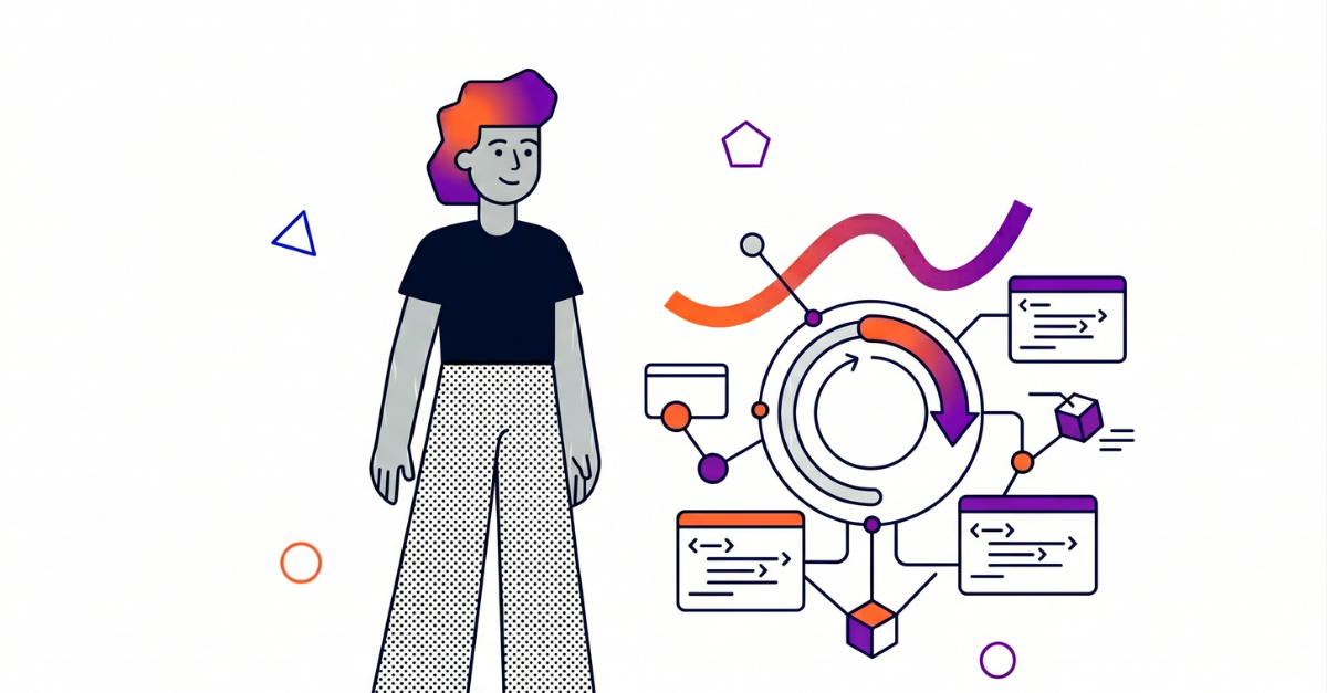 Person smiling next to graphics illustrating a software cycle