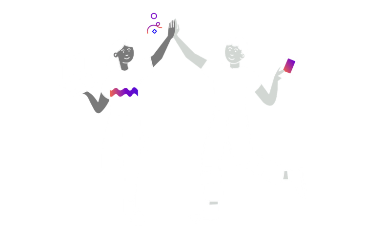 Illustration of two people high-fiving, one with a laptop and one with a phone