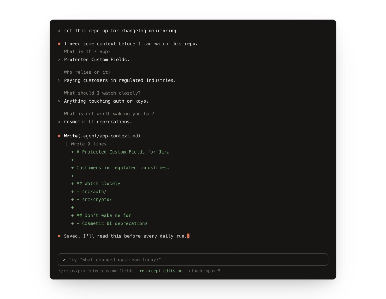 An example of the way the changelog agent builds context via an interview