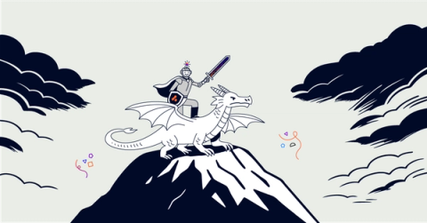 A robotic knight with a sword and shield, riding a dragon on top of a mountain