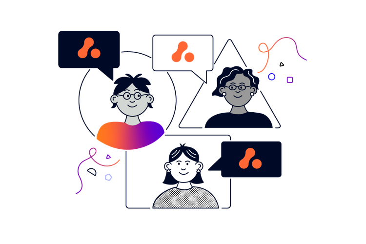  Illustration of three people in various shaped frames with speech bubbles featuring The Adaptavist Group glyph