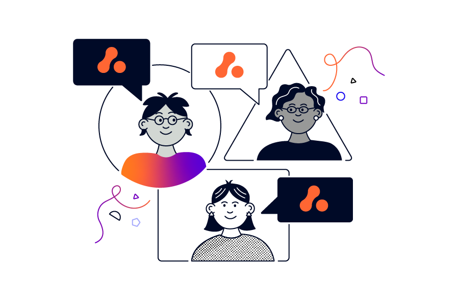 Three headshots of people in a square, triangle, and rectangle frames, each with a speech bubble with The Adaptavist Group orange glyph symbol