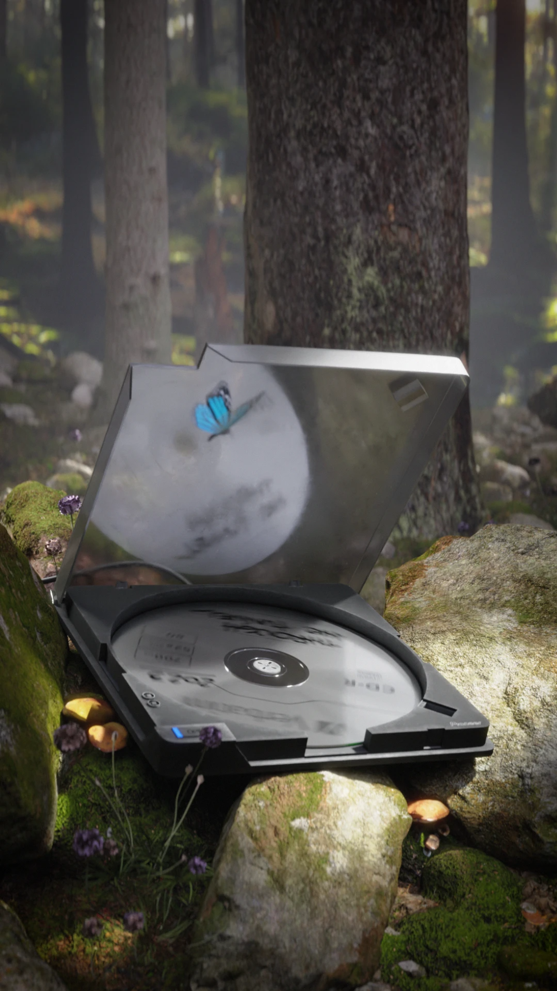 An open CD player holds a disc labeled “Through the Tunnel” among mossy forest rocks, with a blue butterfly hovering nearby.
