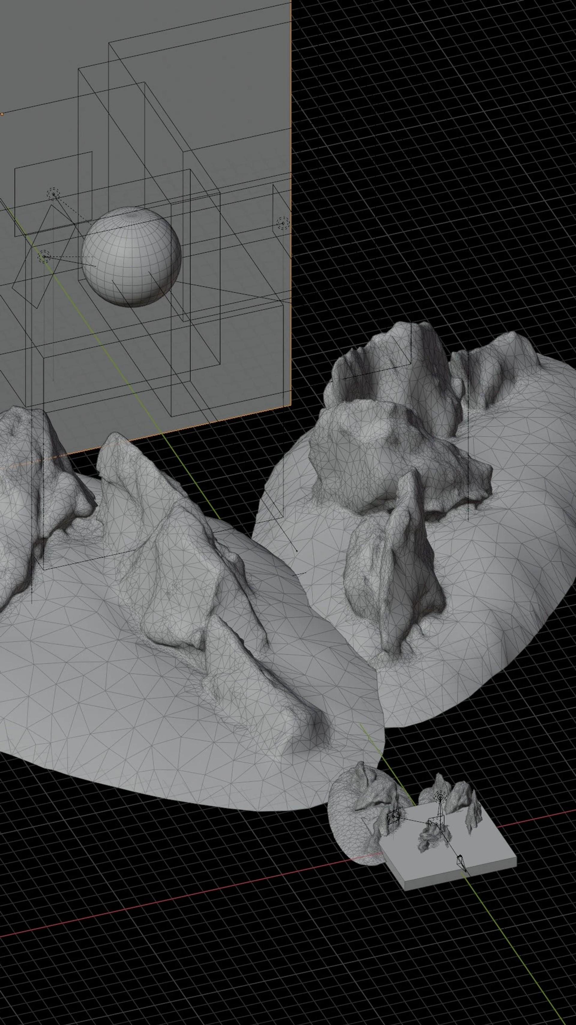 3D wireframe view of a rocky landscape, with a sword, a large sphere, and camera and lighting guides on a perspective grid.