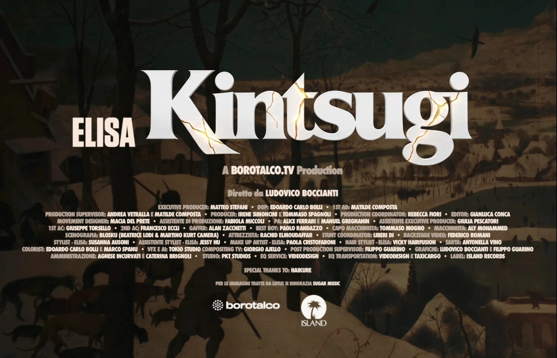 Title card for Elisa’s “Kintsugi,” featuring white lettering with gold cracks and production credits over a winter landscape painting.