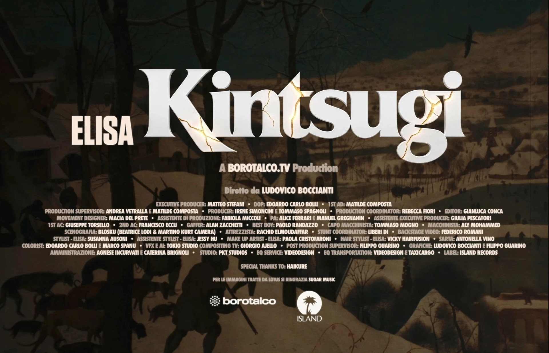 Title card for Elisa’s “Kintsugi,” featuring white lettering with gold cracks and production credits over a winter landscape painting.