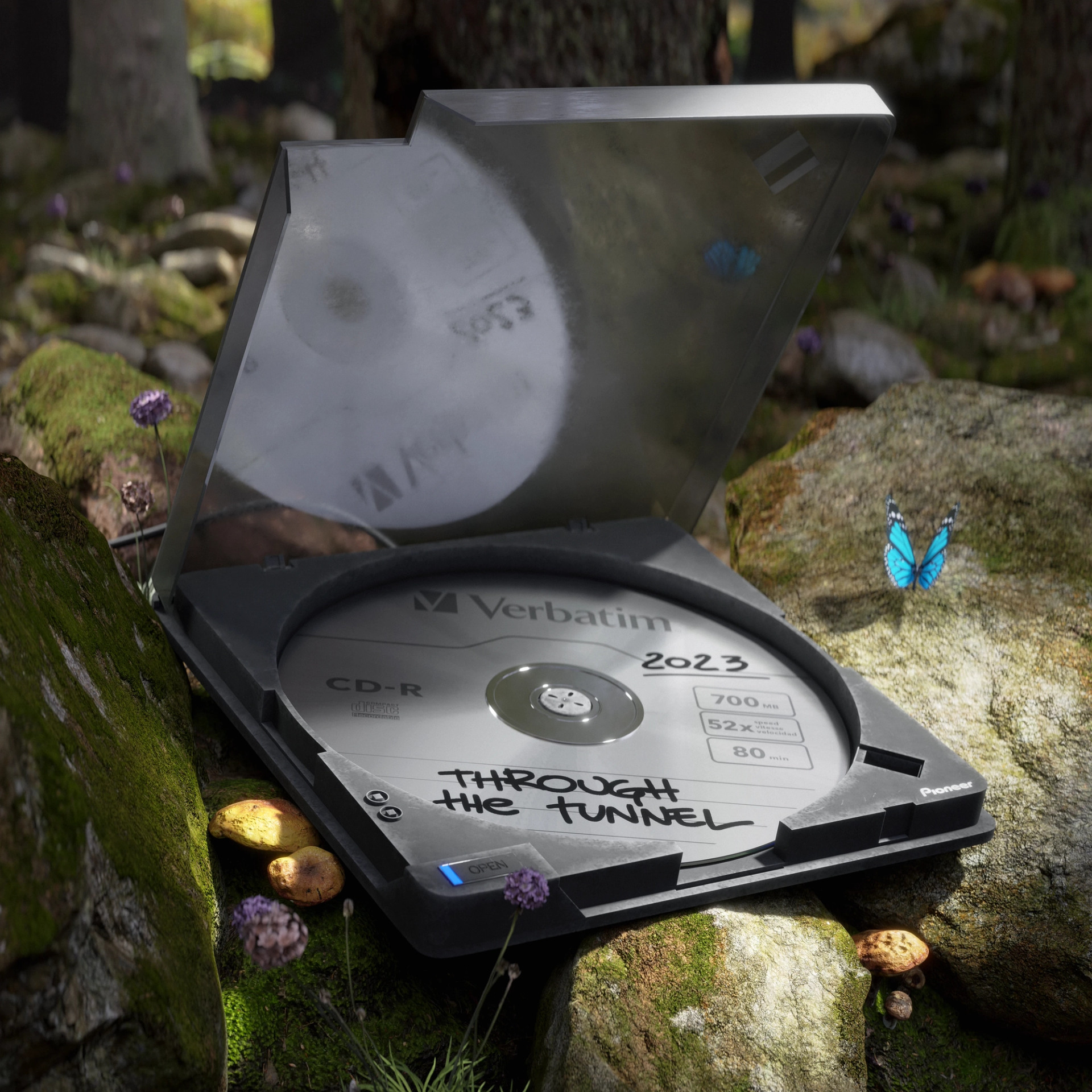 An open CD case labeled “Through the Tunnel” rests among mossy forest rocks and mushrooms, beside a glowing blue butterfly.