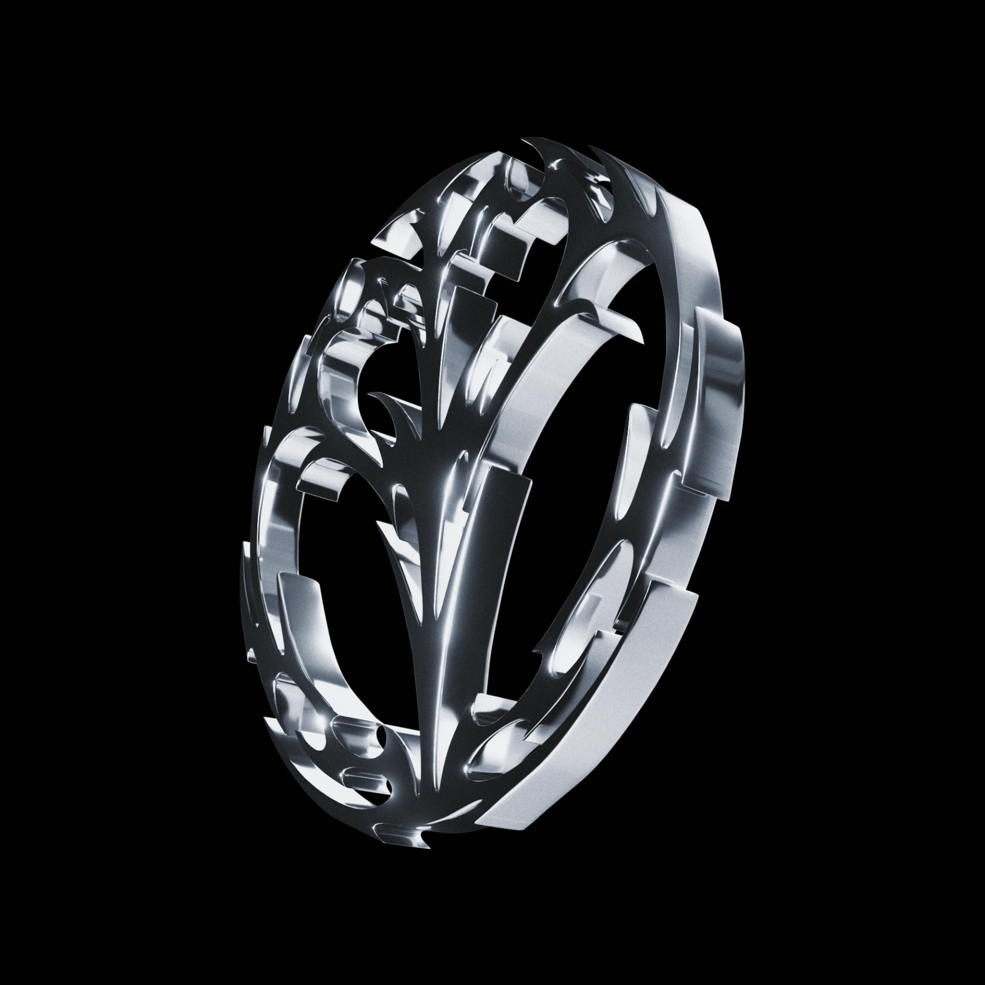 Angled view of a circular chrome emblem with sharp, curved cutouts and thick reflective edges against a black background.