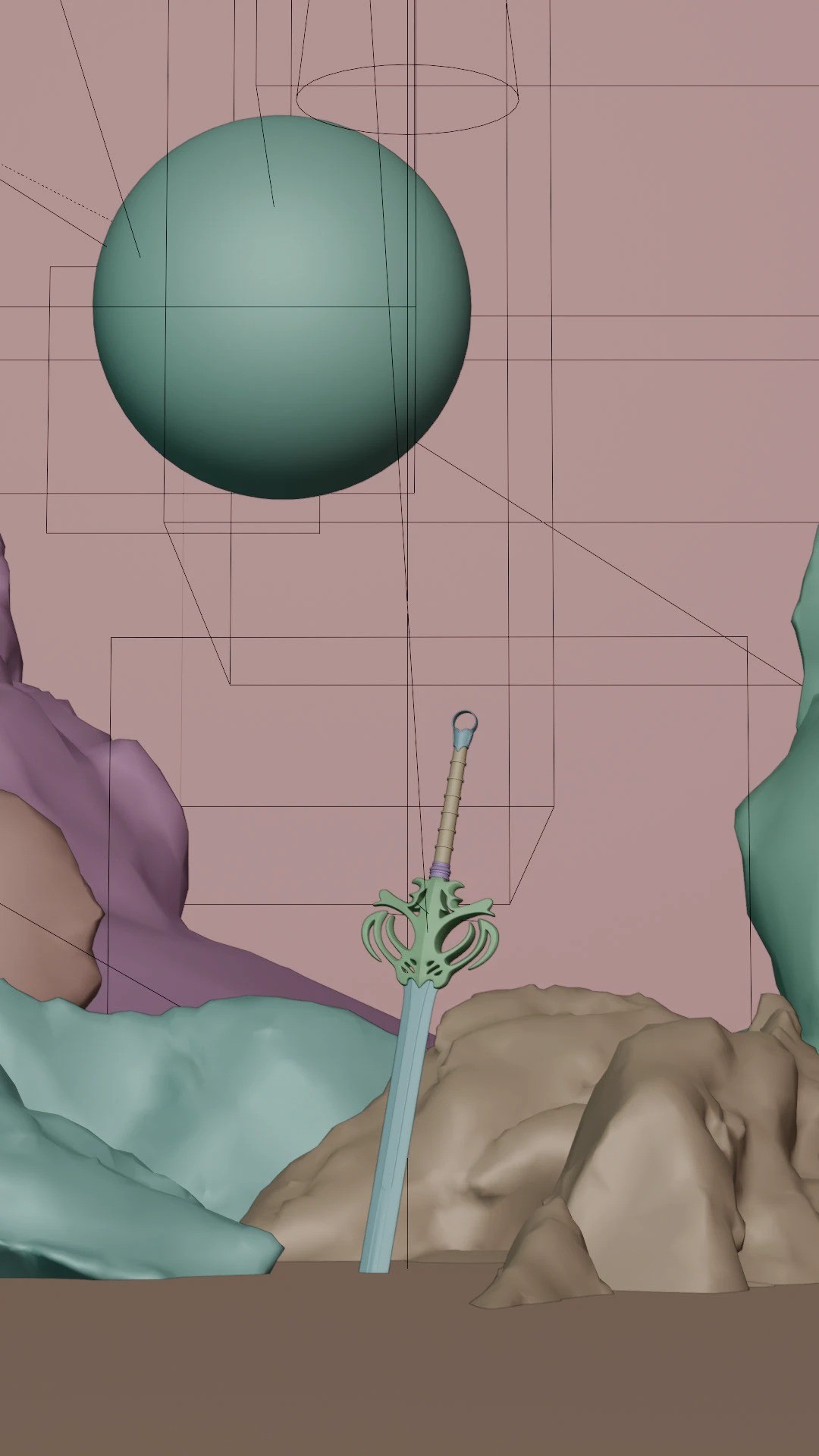 3D viewport showing an ornate sword among pastel-colored rocks beneath a large green sphere, with camera and lighting guides visible.