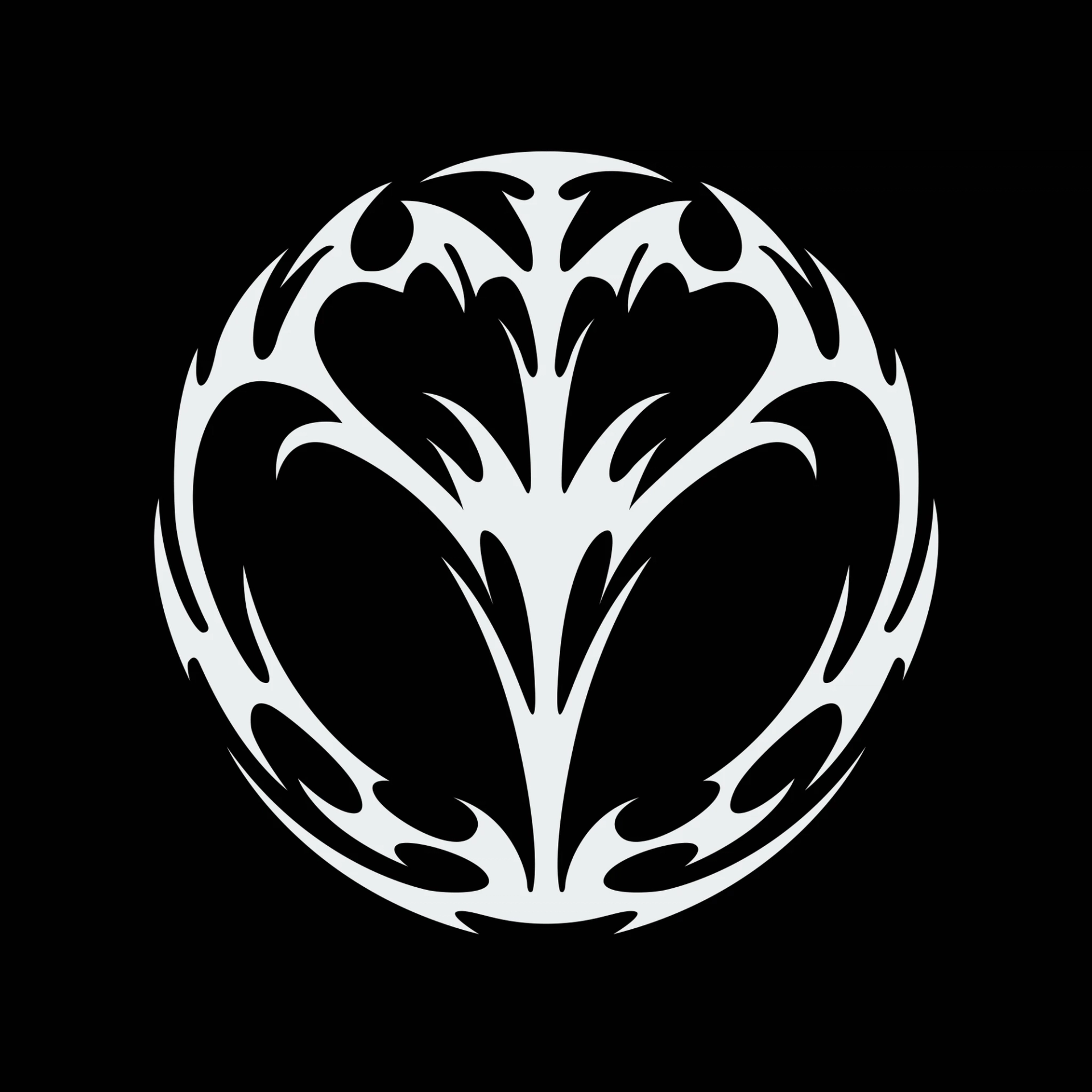 A flat white circular emblem with symmetrical branching shapes, pointed tips, and curved cutouts on a black background.