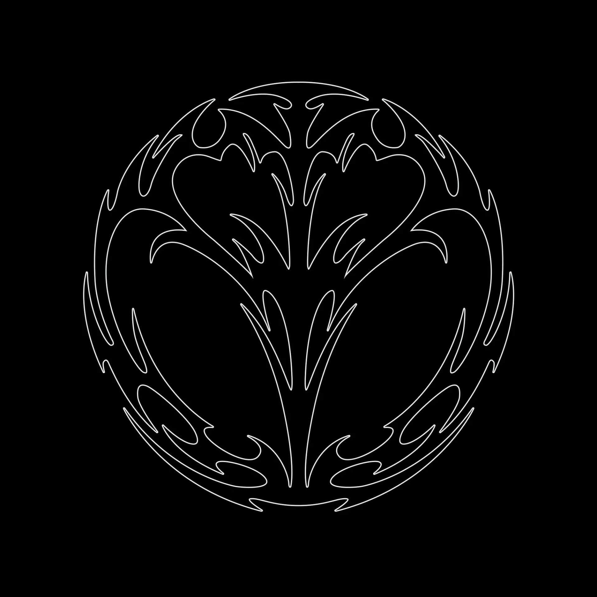 Thin white lines outline a circular emblem with symmetrical branching shapes and sharp, curved tips on a black background.