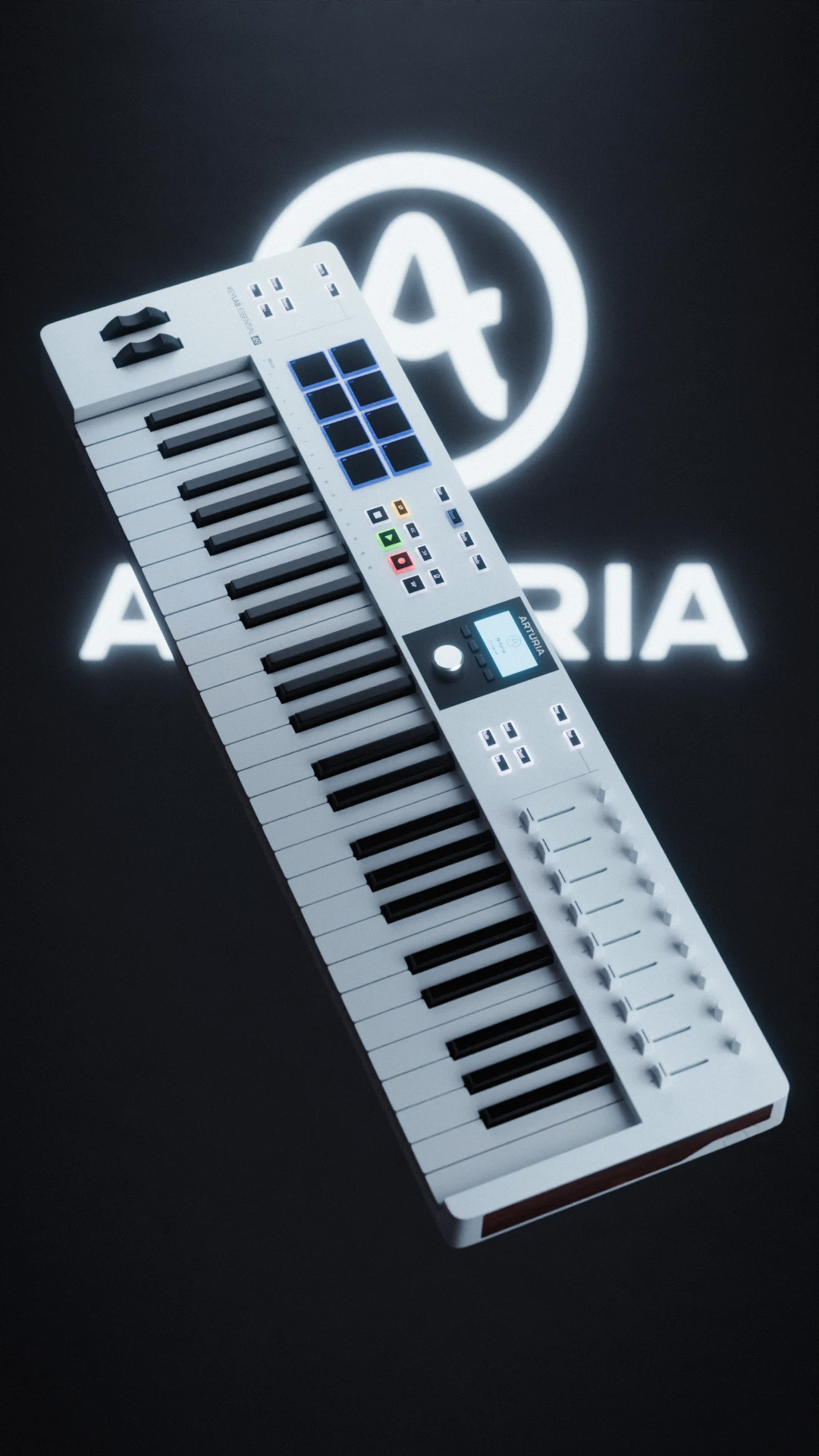 A white Arturia KeyLab keyboard with illuminated pads and controls floats diagonally in front of a glowing Arturia logo on a dark background.