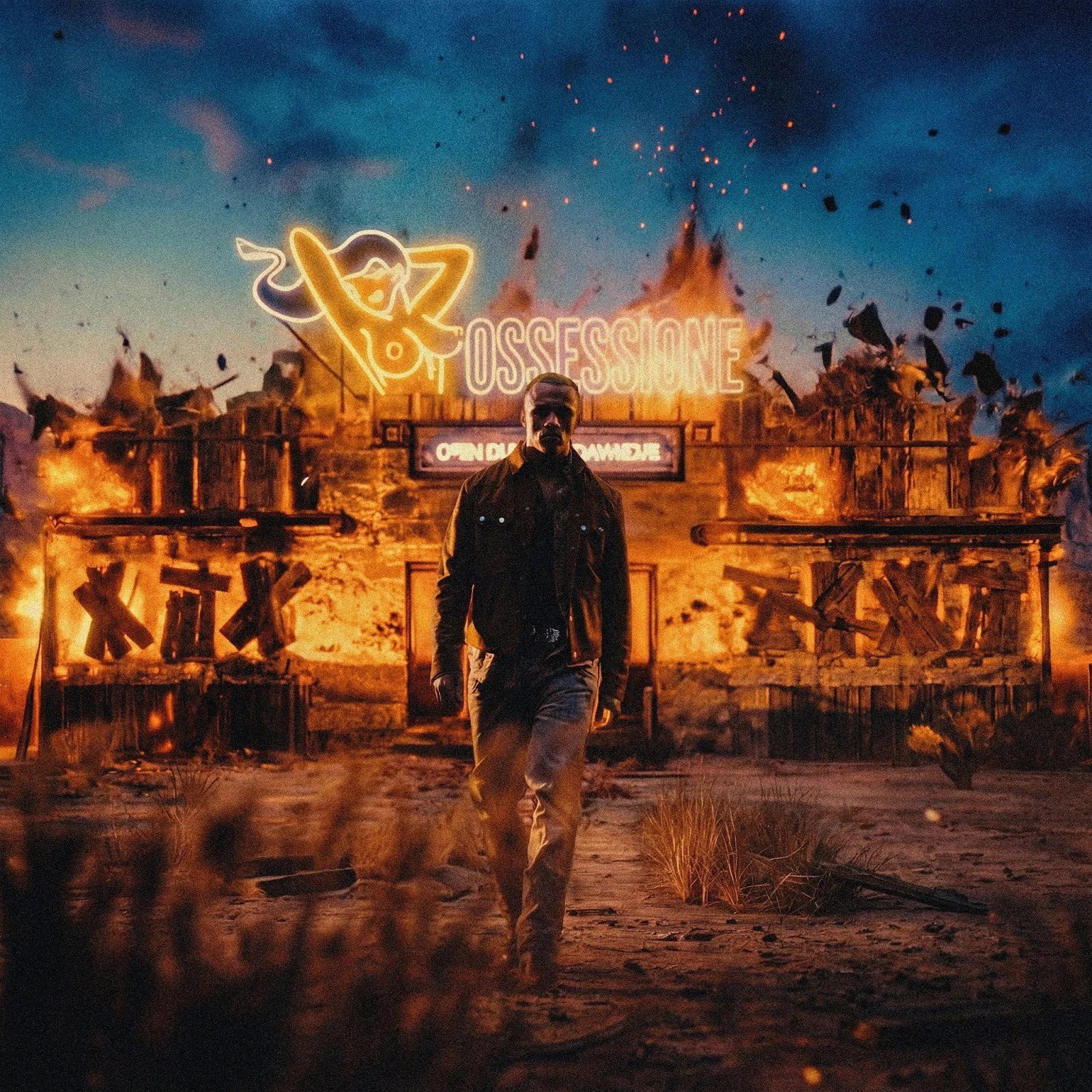 Samurai Jay walks away from a burning desert bar beneath a neon “OSSESSIONE” sign, with flames, sparks, and debris filling the sky.